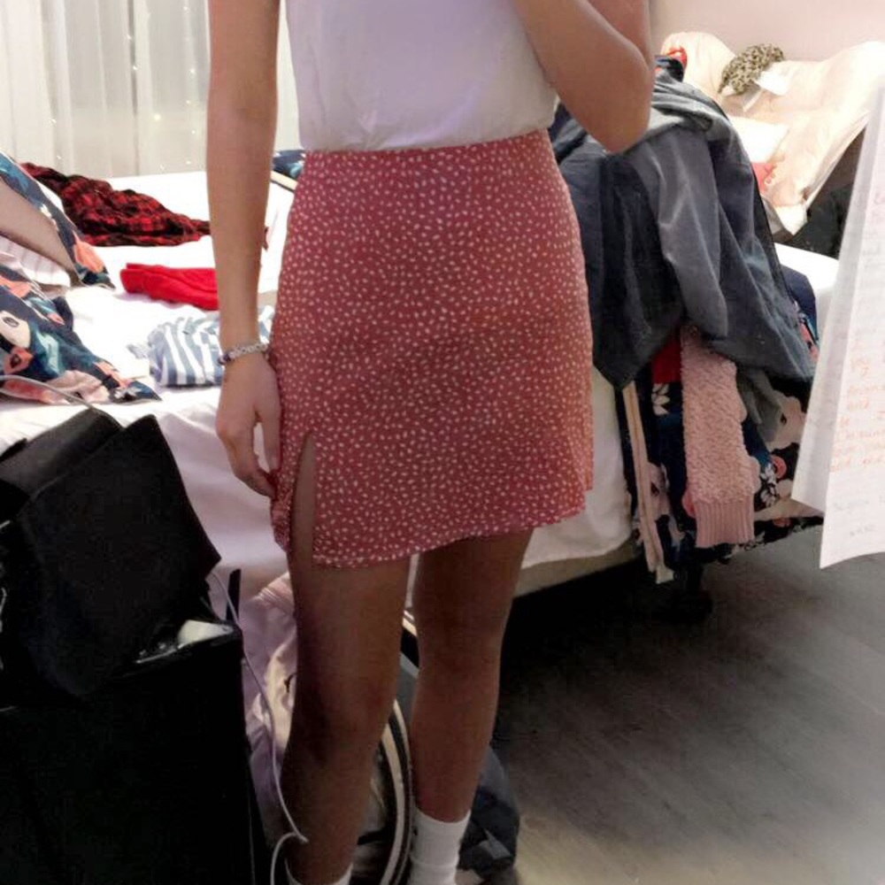 pink skirt with white dots